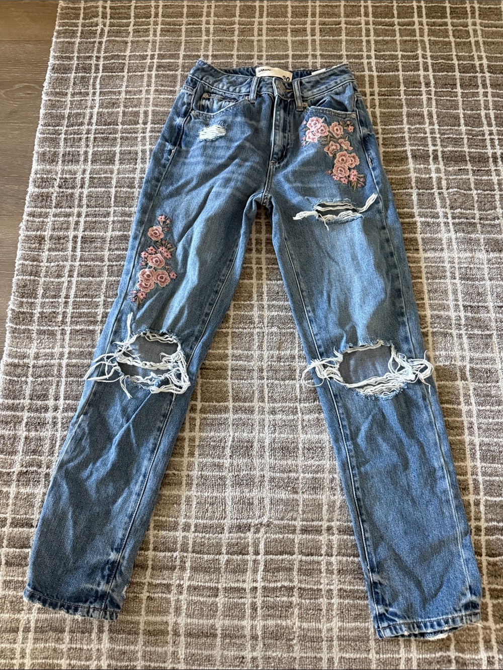 Garage Blue Boyfriend Jeans with Pink Floral Embroidery
